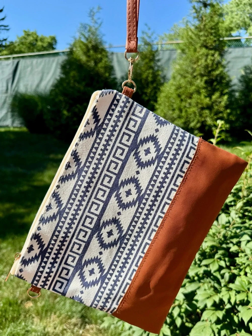 Aztec Crossbody & Wristlet Bag  Navy and White with Faux Leather Accents